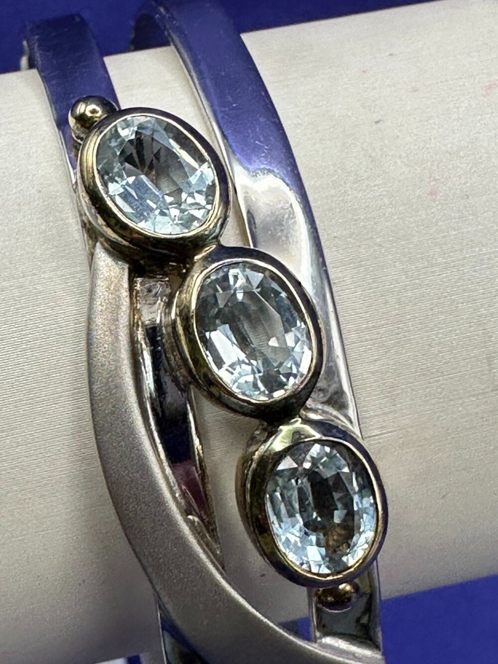 Sterling Cuff Bracelet Simulated Aquamarine Blue Gemstones.